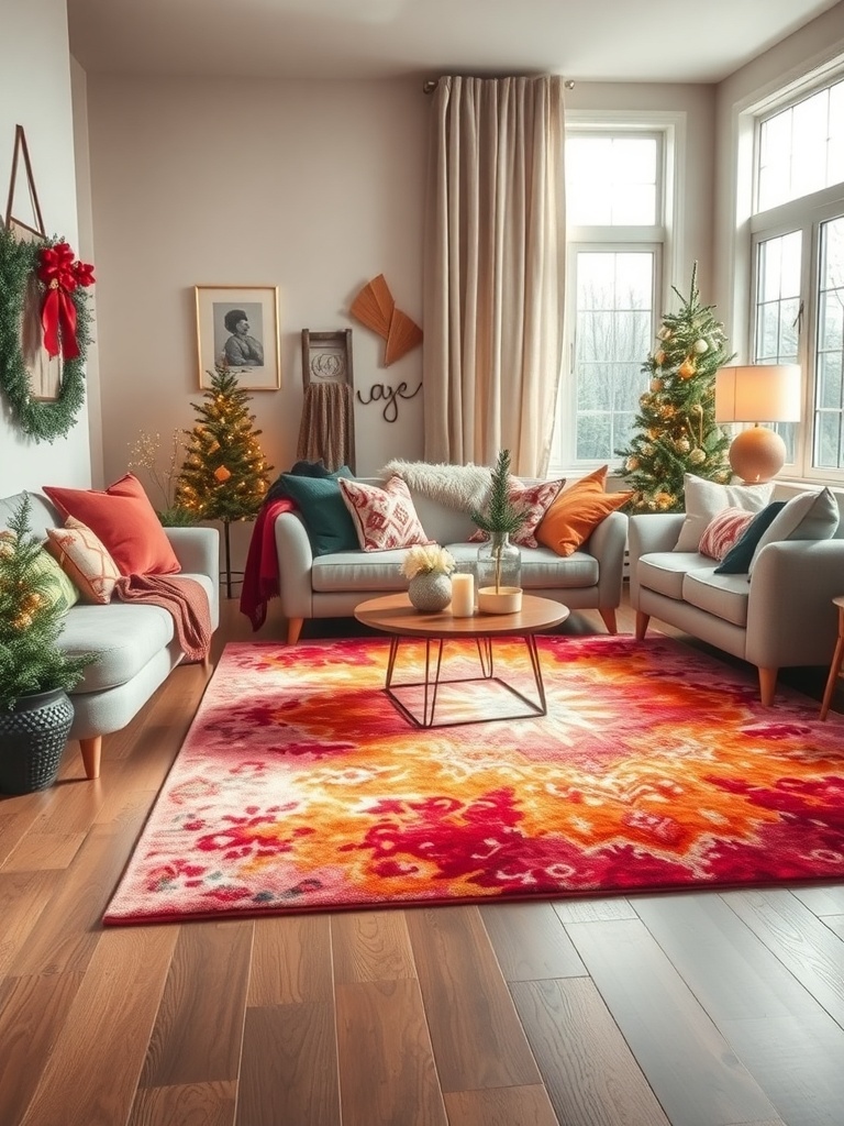 A cozy living room featuring a colorful area rug with warm tones.