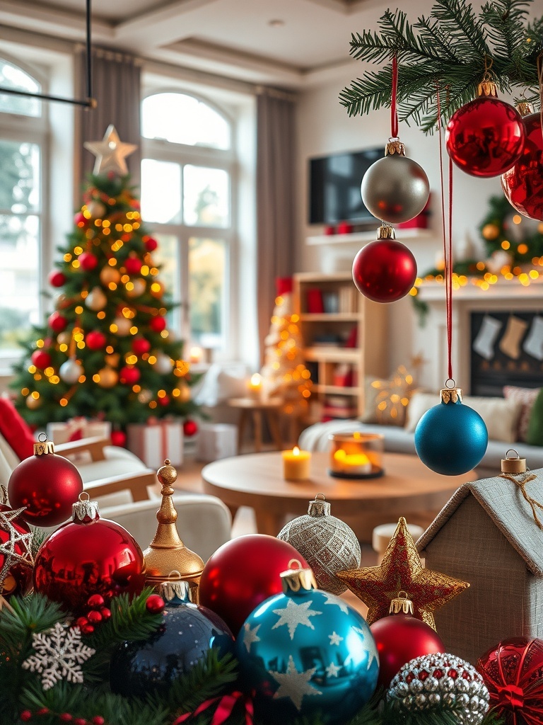 A cozy living room decorated for Christmas with colorful ornaments, a tree, and warm lighting.