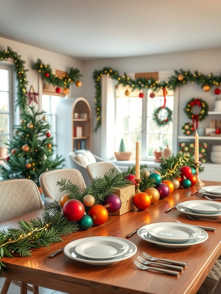A festive table setting with a colorful garland of ornaments and white plates.