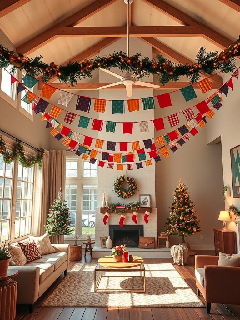 A cozy living room decorated with colorful garlands and banners for Christmas.