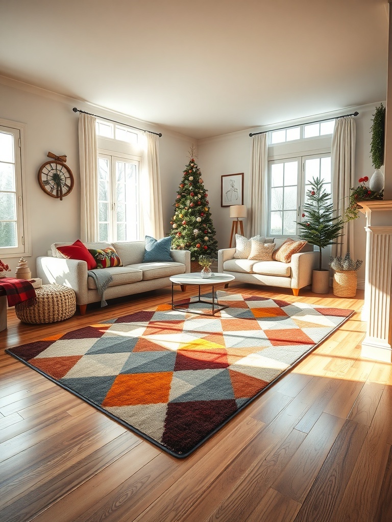 A cozy living room featuring a colorful geometric rug with a mix of orange, blue, and red patterns.