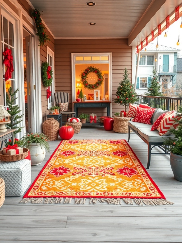 A vibrant outdoor rug on a balcony, surrounded by festive decorations and cozy seating.