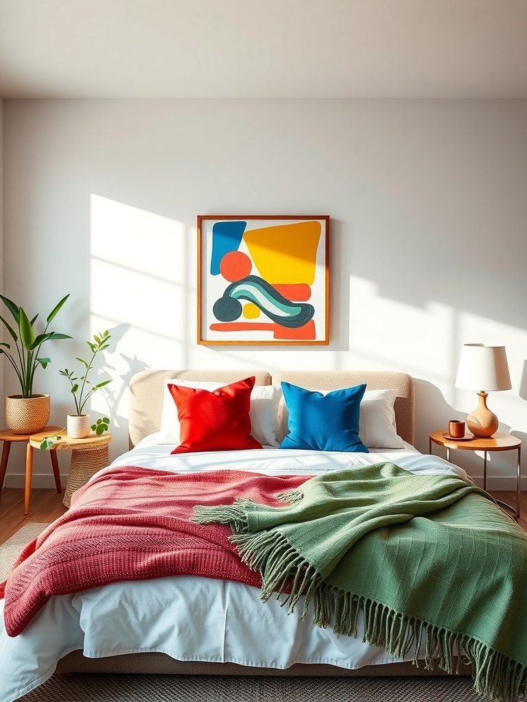 A cozy bedroom featuring a bed with colorful throw pillows and a blanket, complemented by a piece of abstract art on the wall.