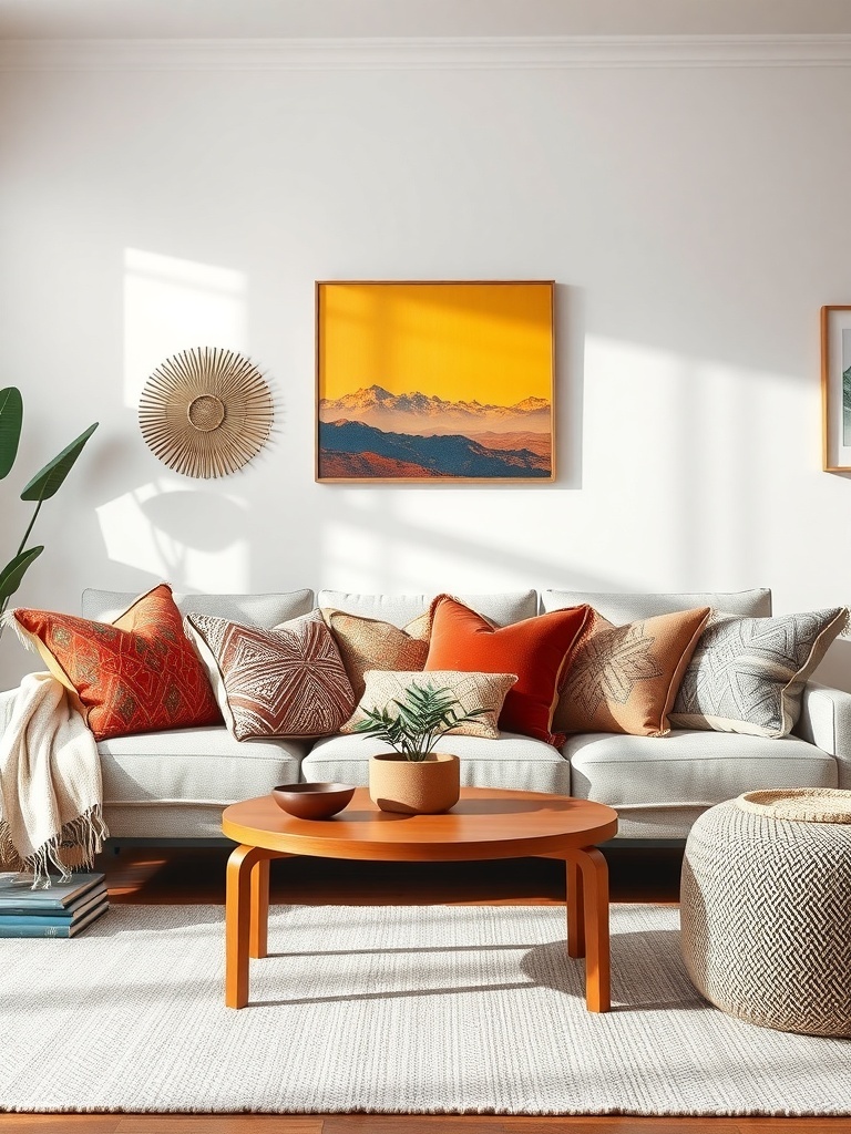 A stylish living room featuring a light gray sofa adorned with colorful throw pillows, a wooden coffee table, and a warm-toned artwork on the wall.