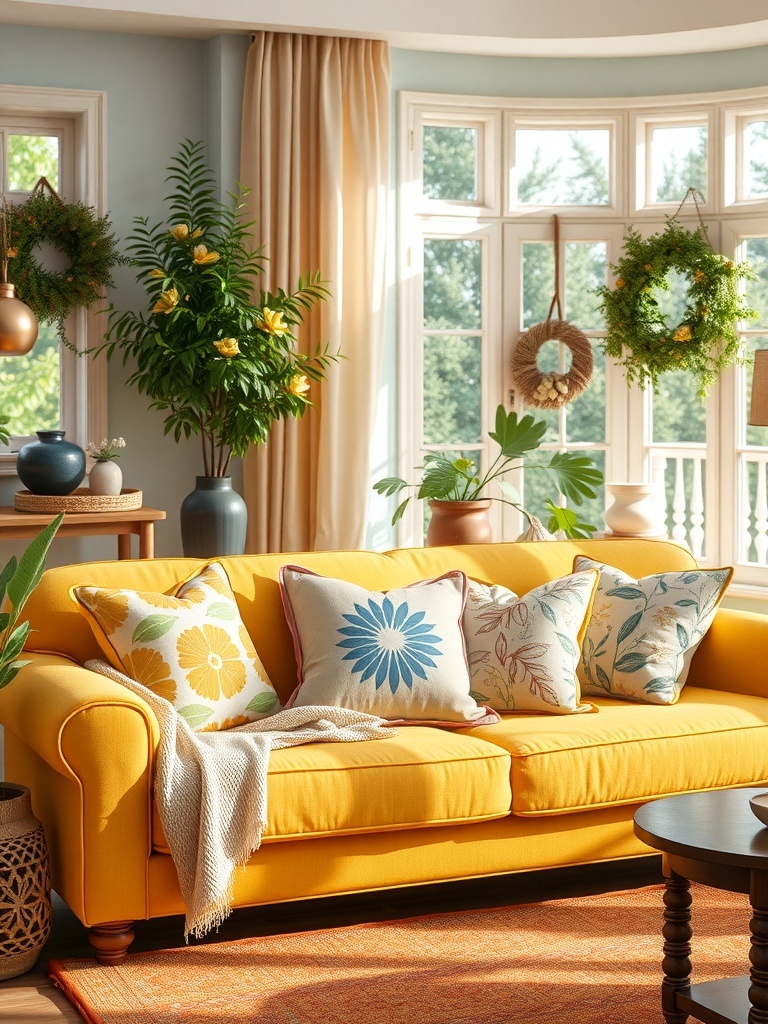 A cozy living room with a yellow sofa adorned with colorful throw pillows.