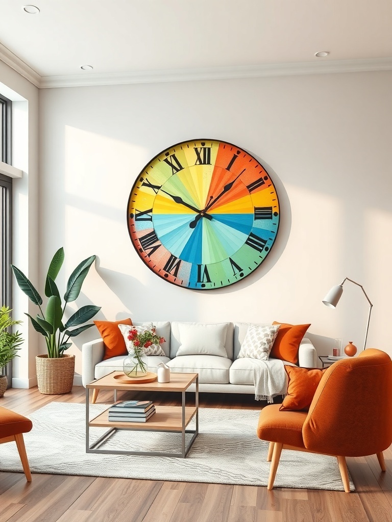 A colorful wall clock hanging in a bright living room with a cozy sofa and armchairs.