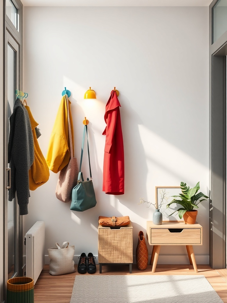 Colorful wall hooks displaying coats and bags in a stylish entryway.