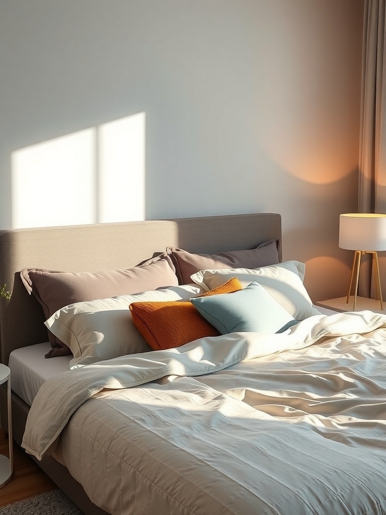 A cozy bedroom featuring a neatly made bed with soft bedding and colorful pillows, complemented by warm lighting.