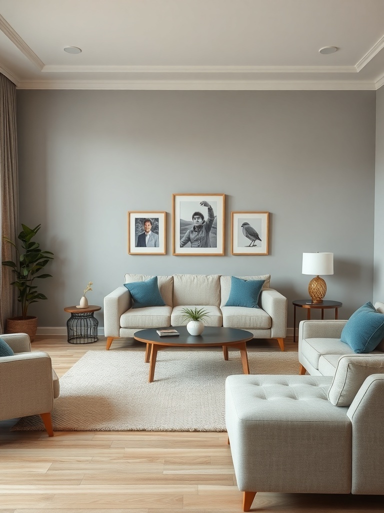 A cozy living room with light-colored furniture, cushions, a round coffee table, and a plant.