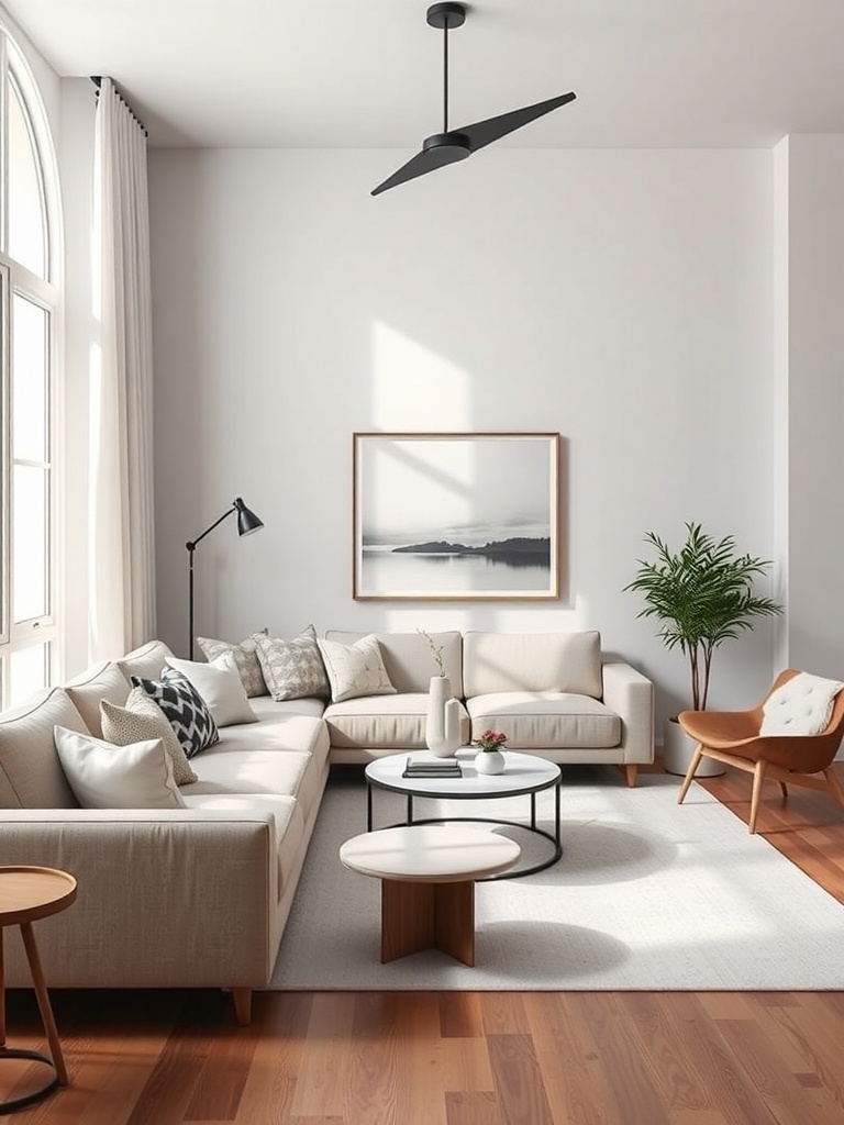 A minimalist living room with a large sectional sofa, accent chairs, and a round coffee table, featuring natural light and plants.