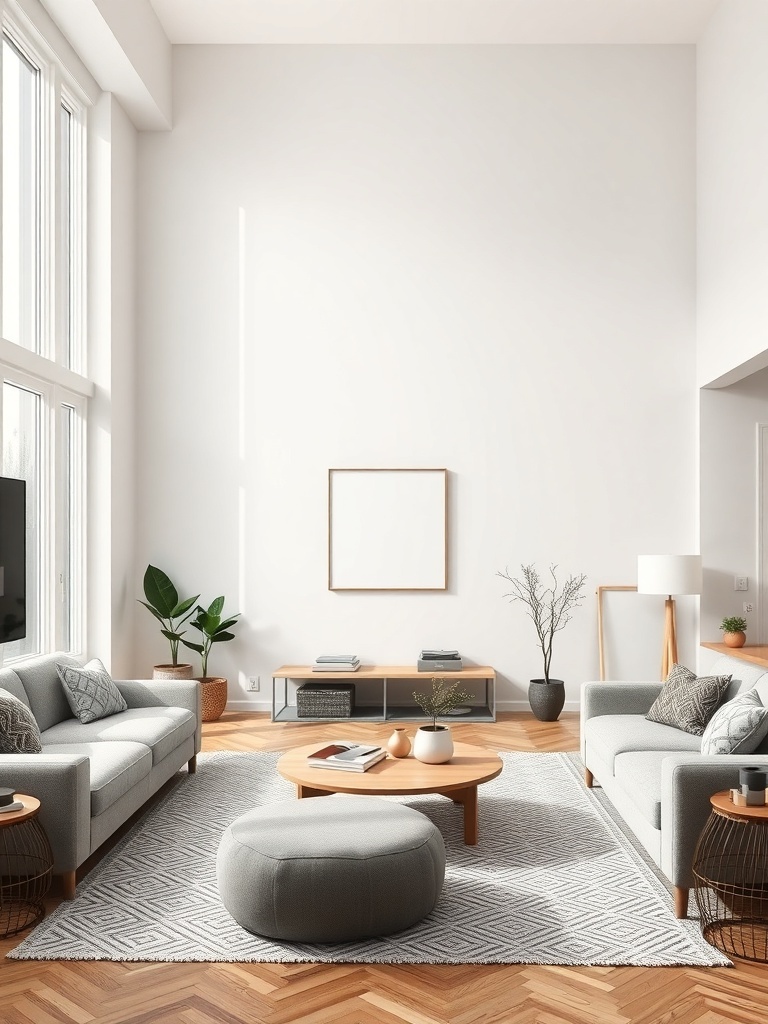 A Scandinavian living room featuring neutral-toned sofas, a round coffee table, and a pouf.
