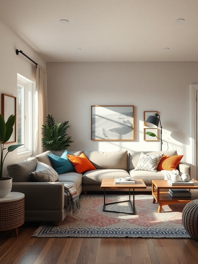 A cozy boho living room featuring a sectional sofa with colorful cushions and a wooden coffee table.