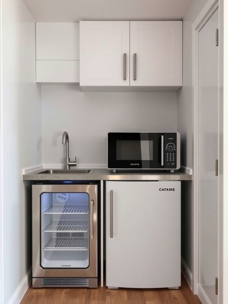 Compact kitchen appliances including a microwave, mini-fridge, and sink in a small kitchen space.