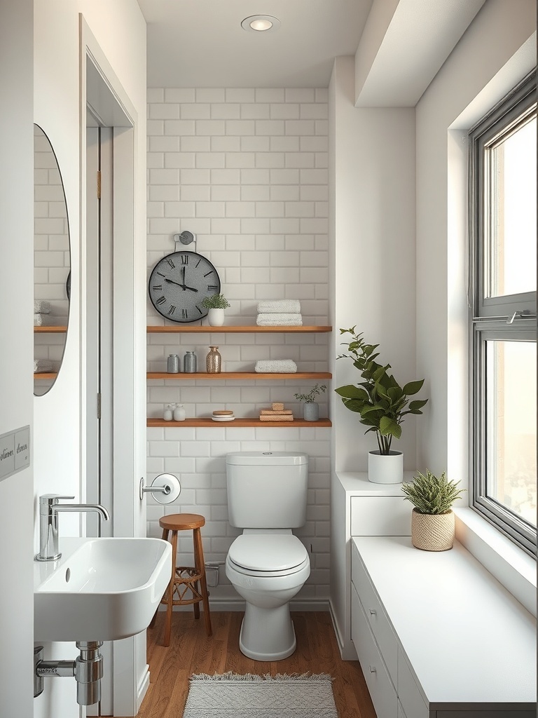 A compact bathroom featuring a modern design with a small sink, toilet, wooden shelves, and plants.