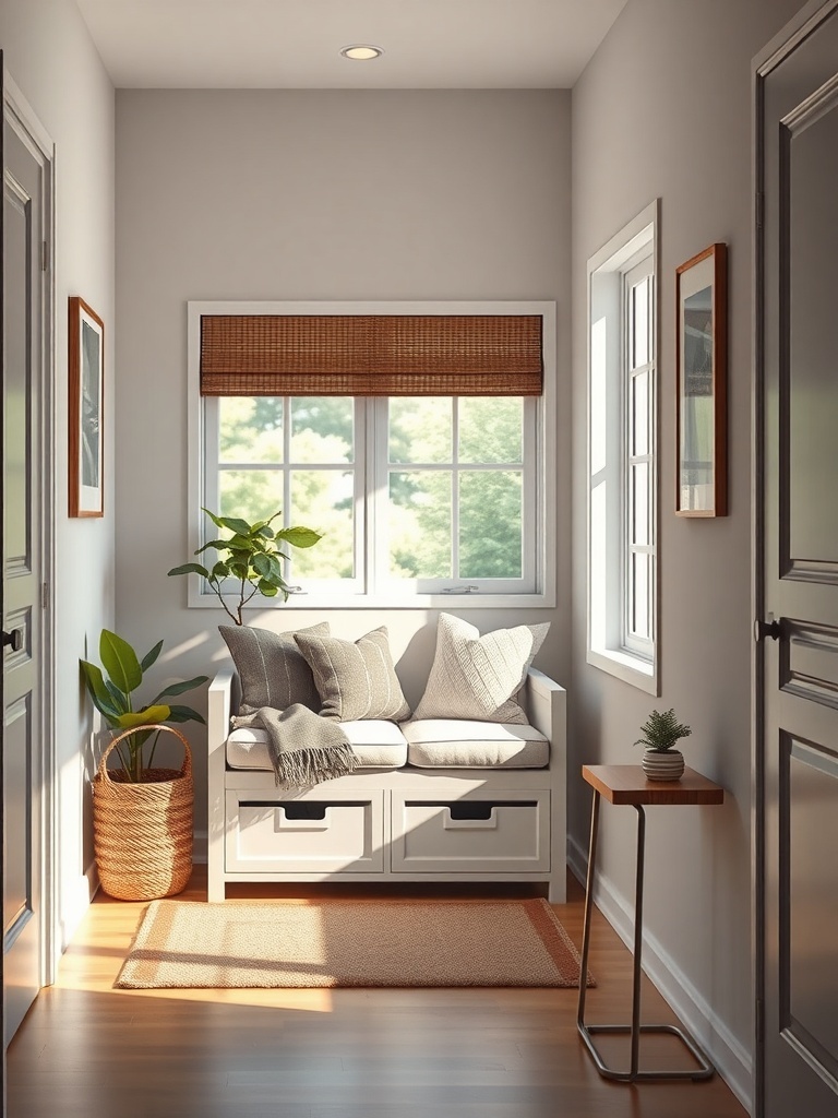 A cozy entryway featuring a compact bench with storage, surrounded by natural light and decorative plants.