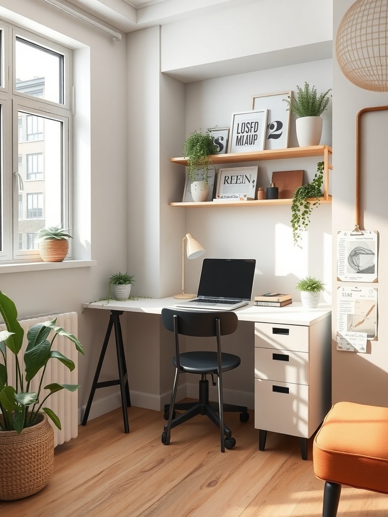 A compact corner desk setup in a bright apartment with plants and shelves.