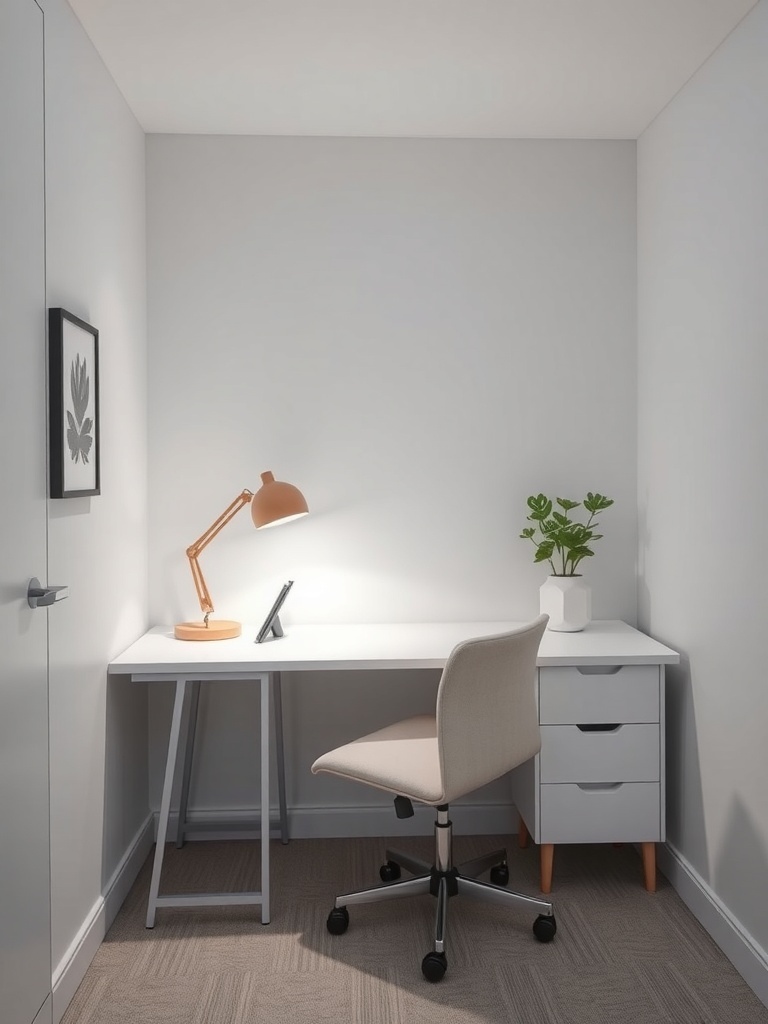 A compact desk setup in a small bedroom, featuring a white desk, a beige chair, a lamp, and a small plant.