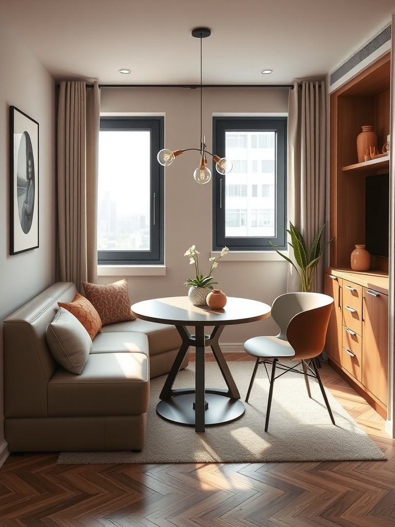 A compact dining area featuring a small round table, cozy seating, and natural light from windows.
