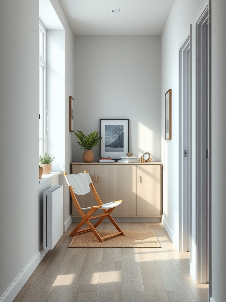 A compact folding chair in a bright entryway with natural light.