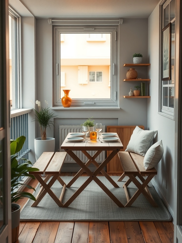 A compact folding picnic table set up in a small apartment, featuring a wooden table and benches with decorative items.
