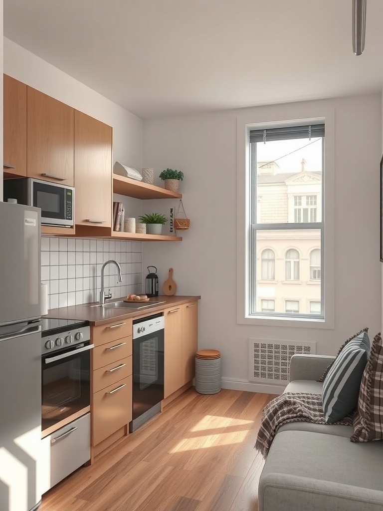 Compact kitchen with wooden cabinets, a small dining area, and natural light.