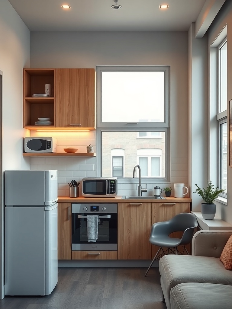 A compact kitchen featuring wooden cabinets, modern appliances, and a cozy seating area.