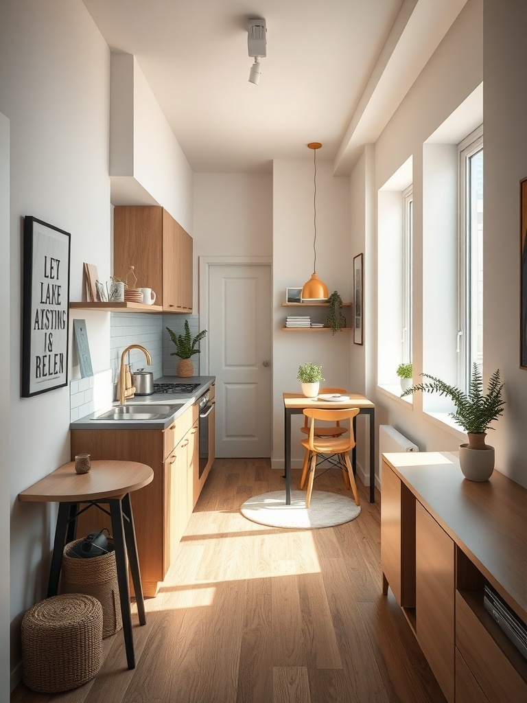 Compact kitchen layout featuring an island and modern design.