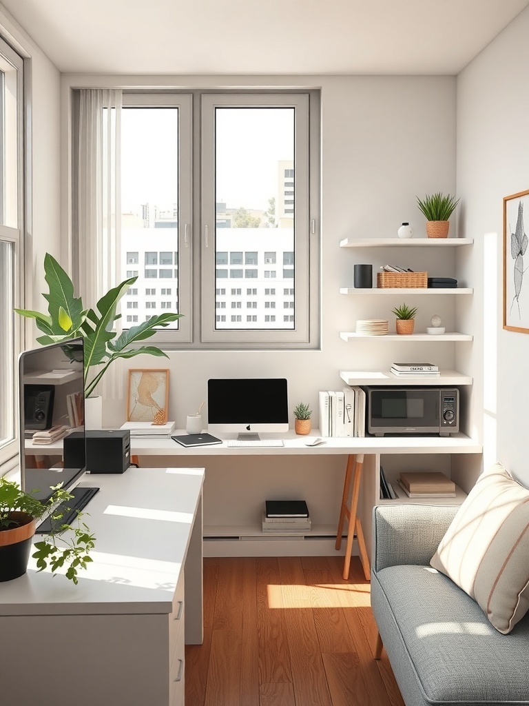 A compact home office featuring a desk, computer, and decorative plants.