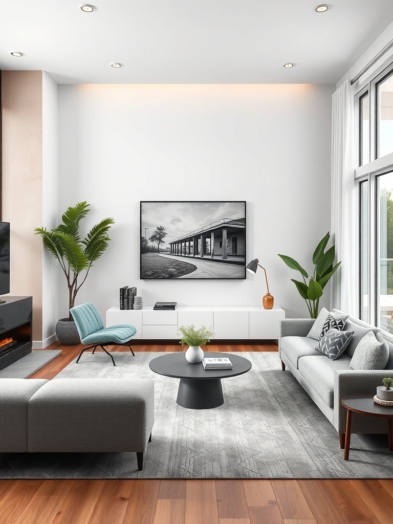 A modern living room featuring a gray sofa, blue chair, round coffee table, and large windows with natural light.