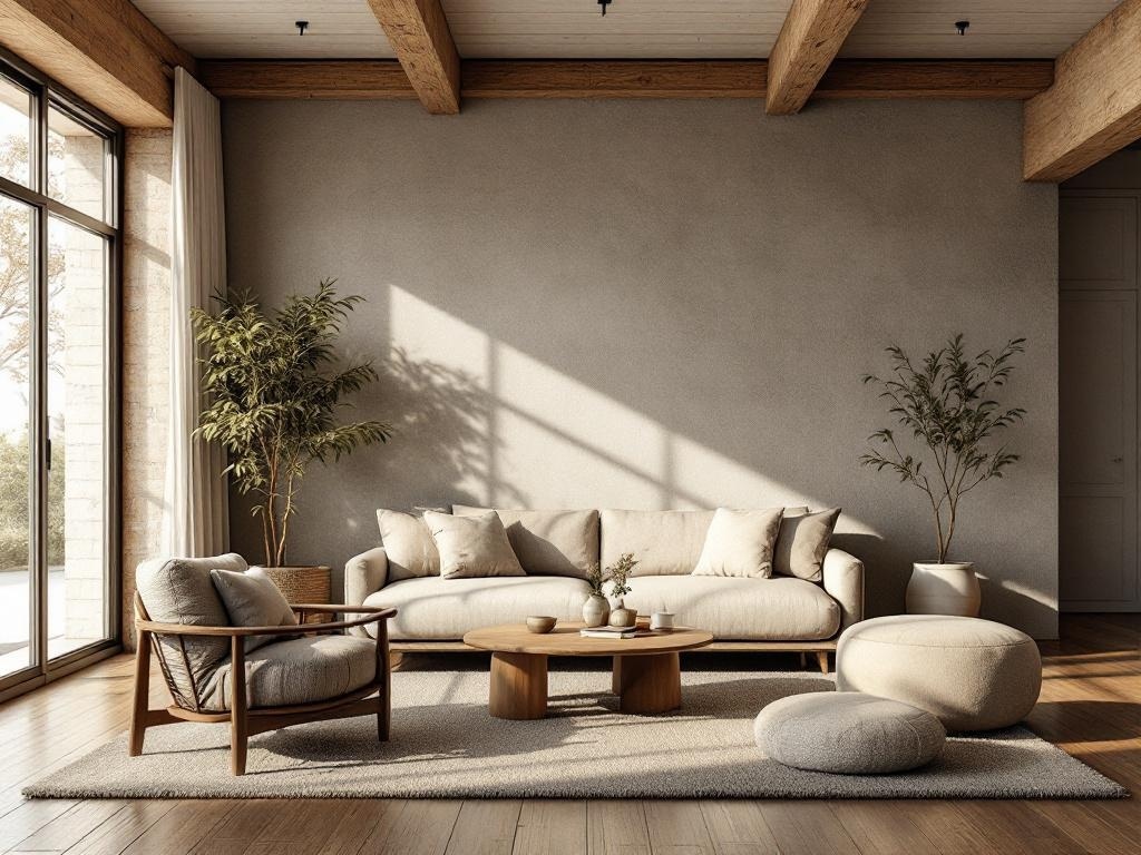 A modern living room featuring wooden beams, neutral-toned furniture, and potted plants.