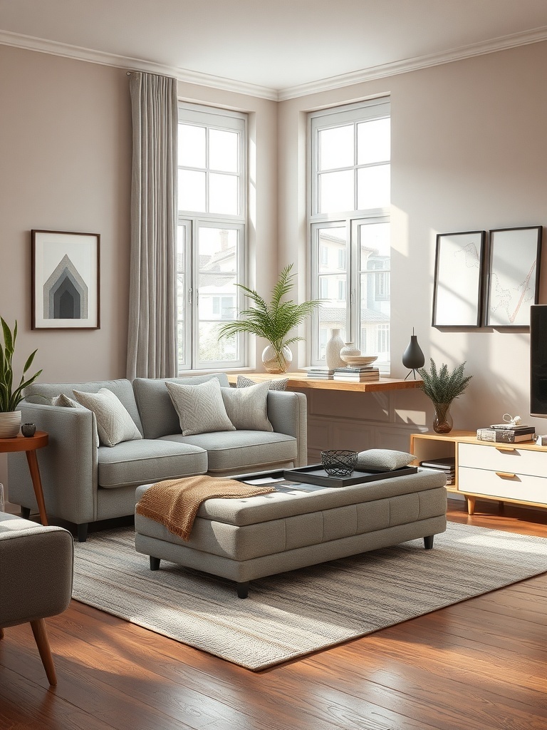 A cozy living room featuring a convertible ottoman with storage, surrounded by a comfortable sofa and natural light.