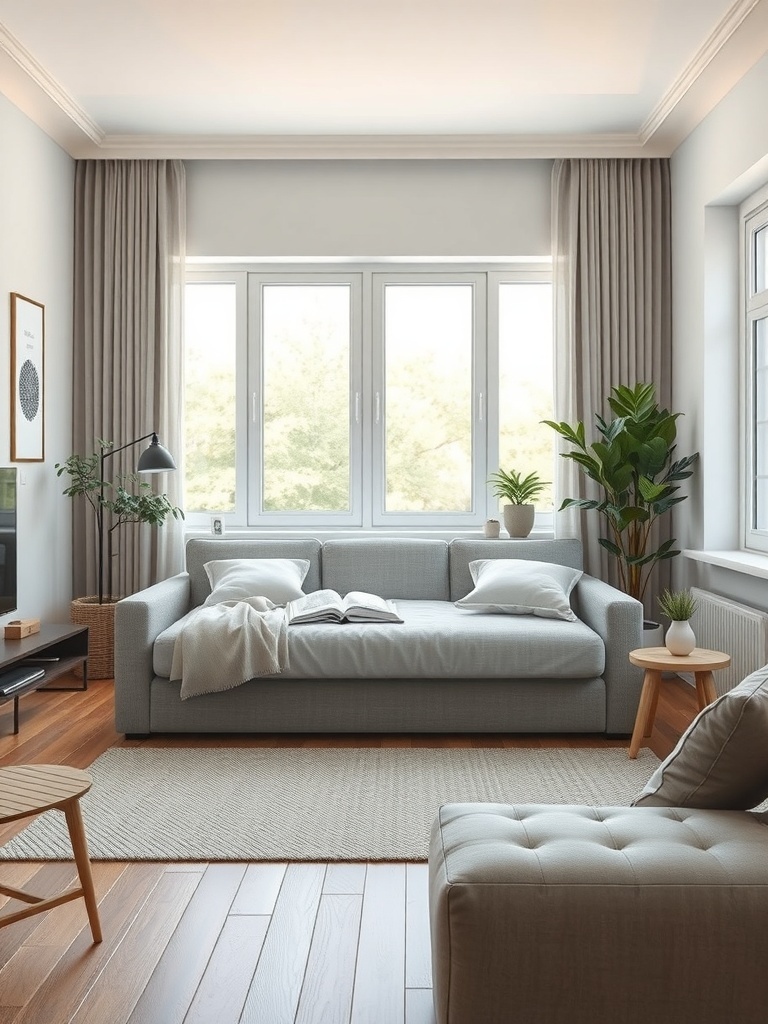 A modern convertible sofa bed in a stylish small apartment setting.