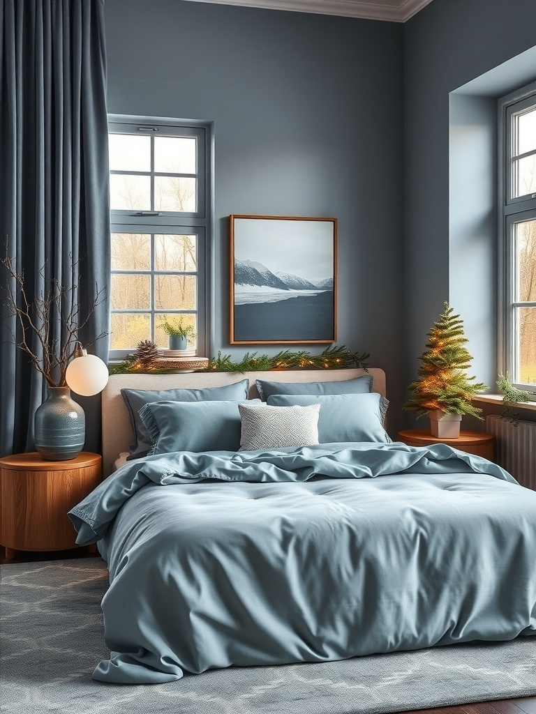 A serene bedroom featuring cool blue walls, soft gray bedding, and natural light.