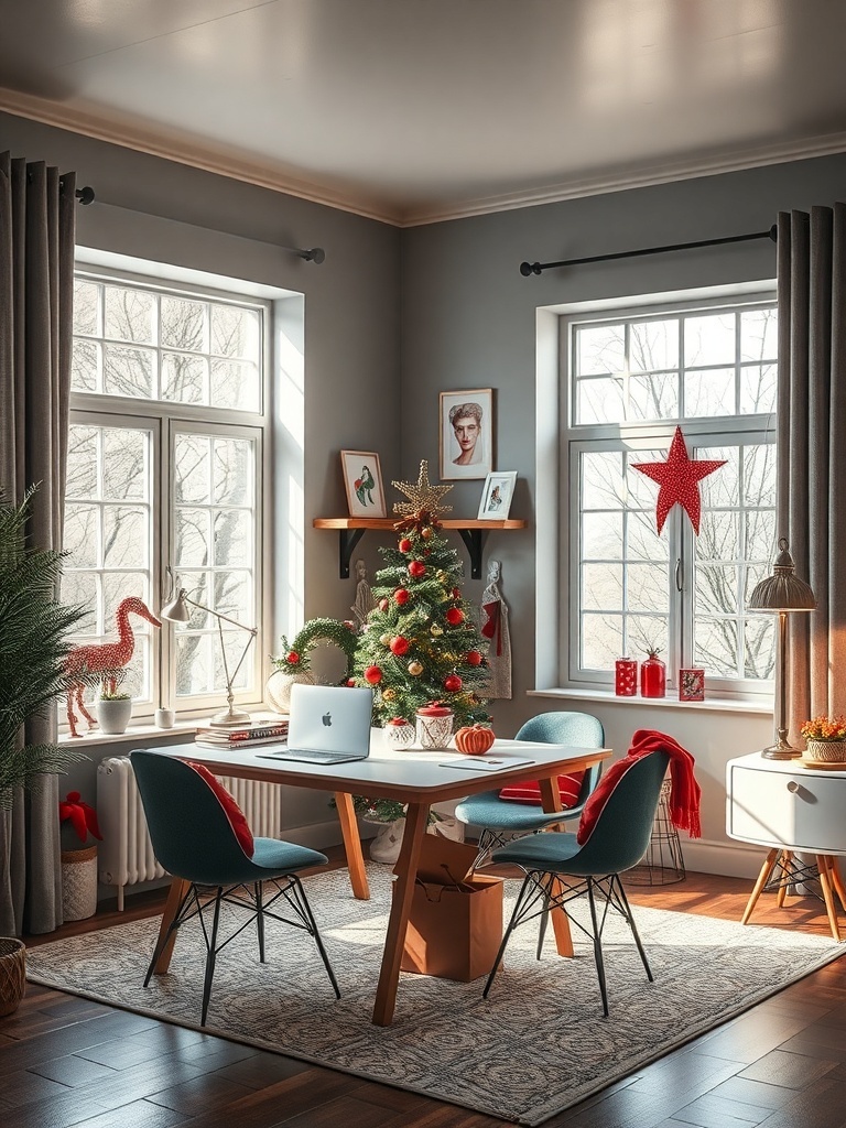 A stylish room featuring a cool gray wall with vibrant red accents, including decorations and furniture.