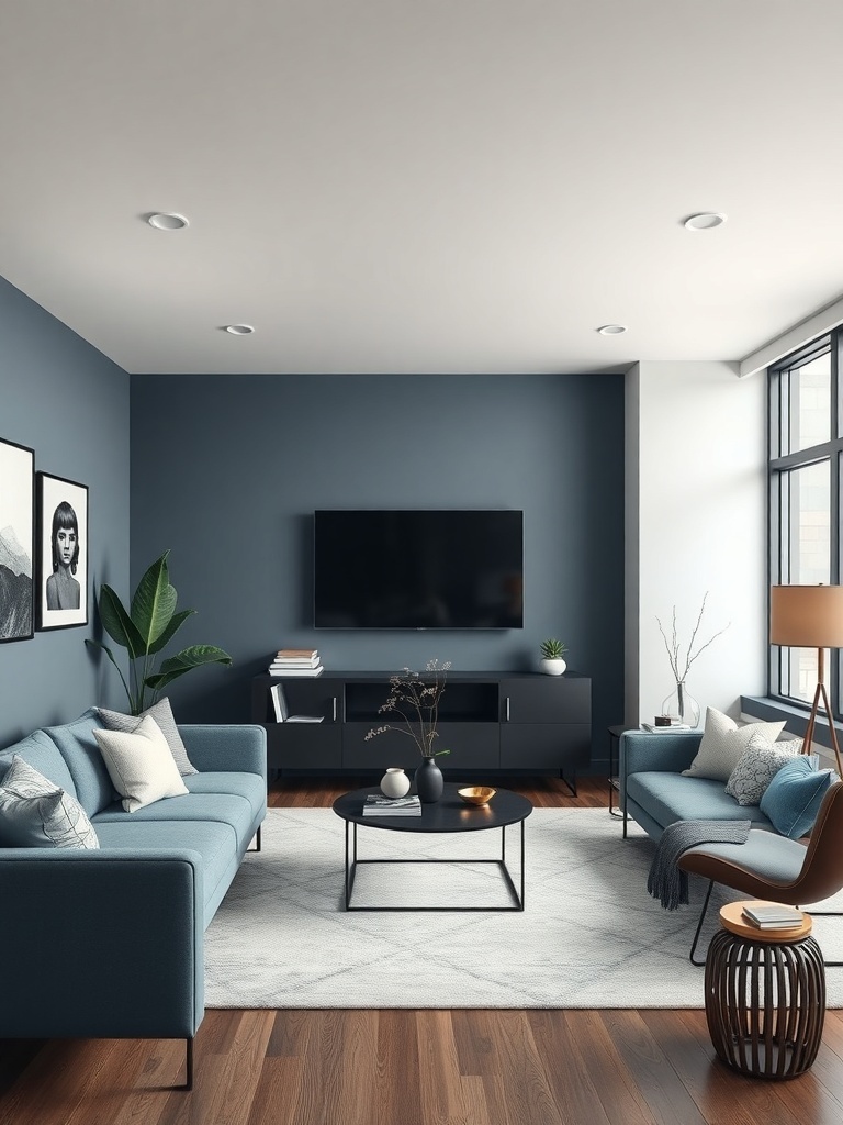 A modern living room featuring slate blue walls, light blue sofas, and a black coffee table.