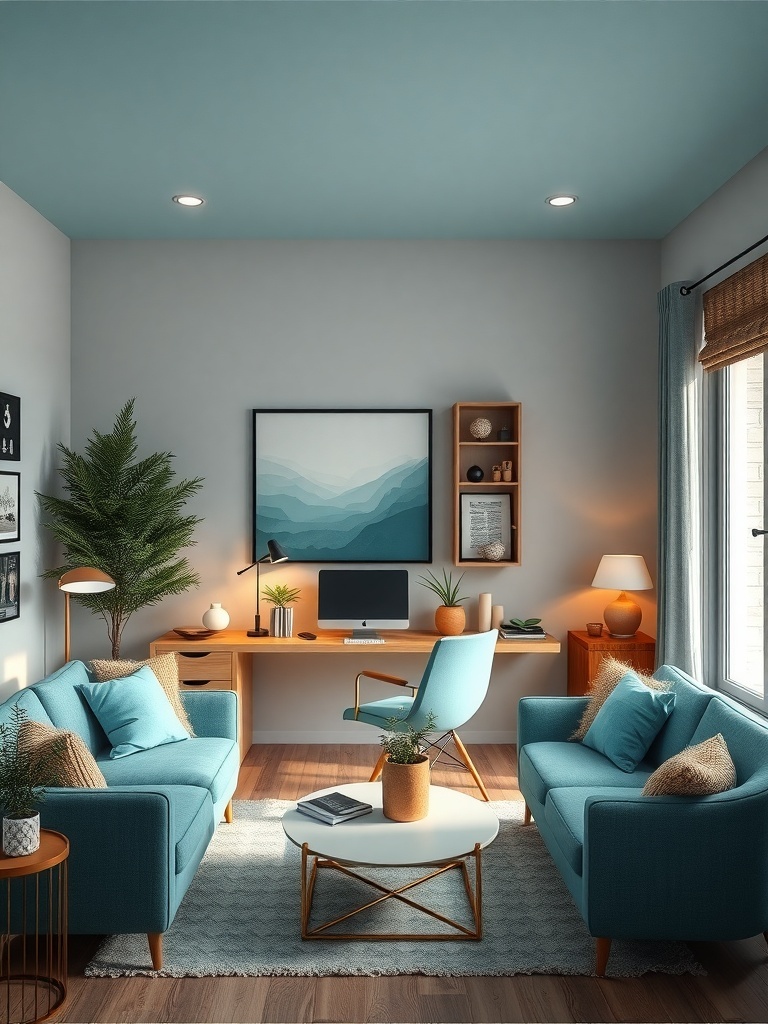 A cozy living room featuring teal furniture and decor, with a bright ceiling and wooden accents.