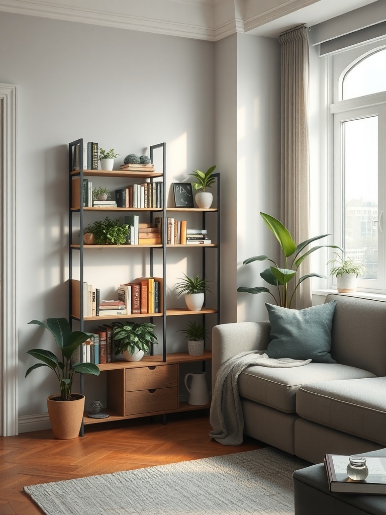 A stylish corner shelf with plants and books in a cozy living room.