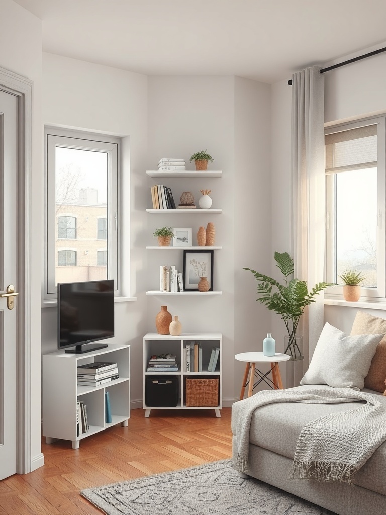 A cozy living room featuring corner shelving units with books and decorative items.