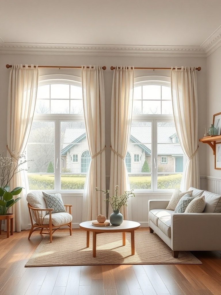 A cozy living room with cottage-style window treatments featuring light, flowing curtains.