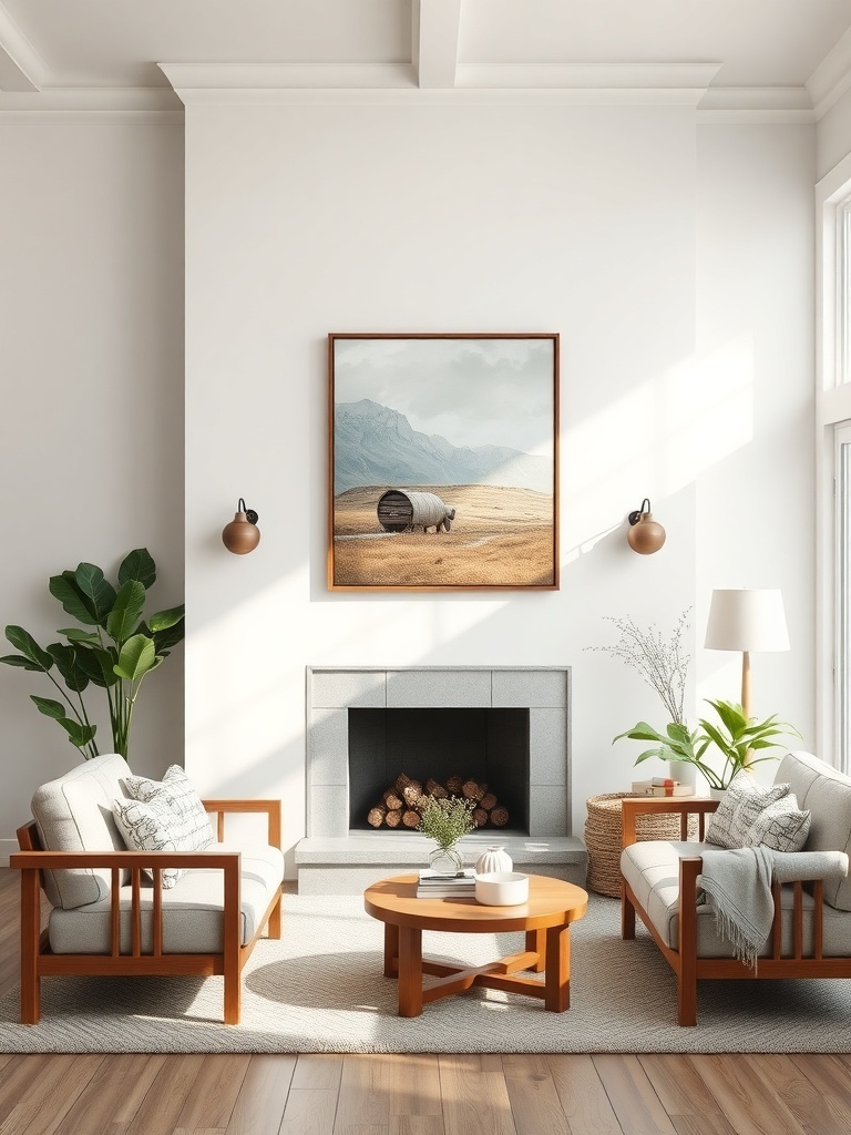 A cozy farmhouse living room with country-inspired wall art featuring a landscape painting.