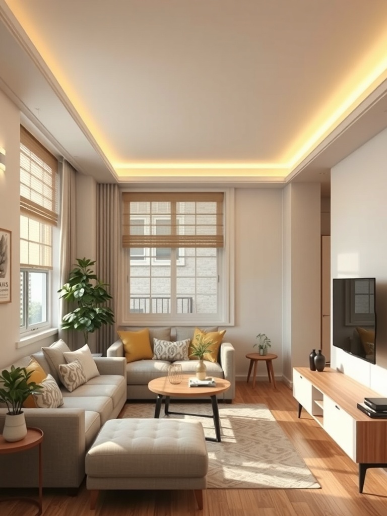 A cozy living room with cove lighting illuminating the ceiling.