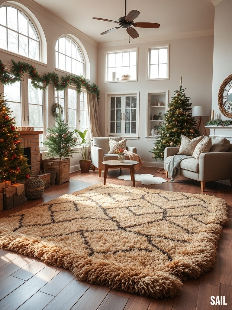 A cozy living room with a plush area rug, decorated for winter.