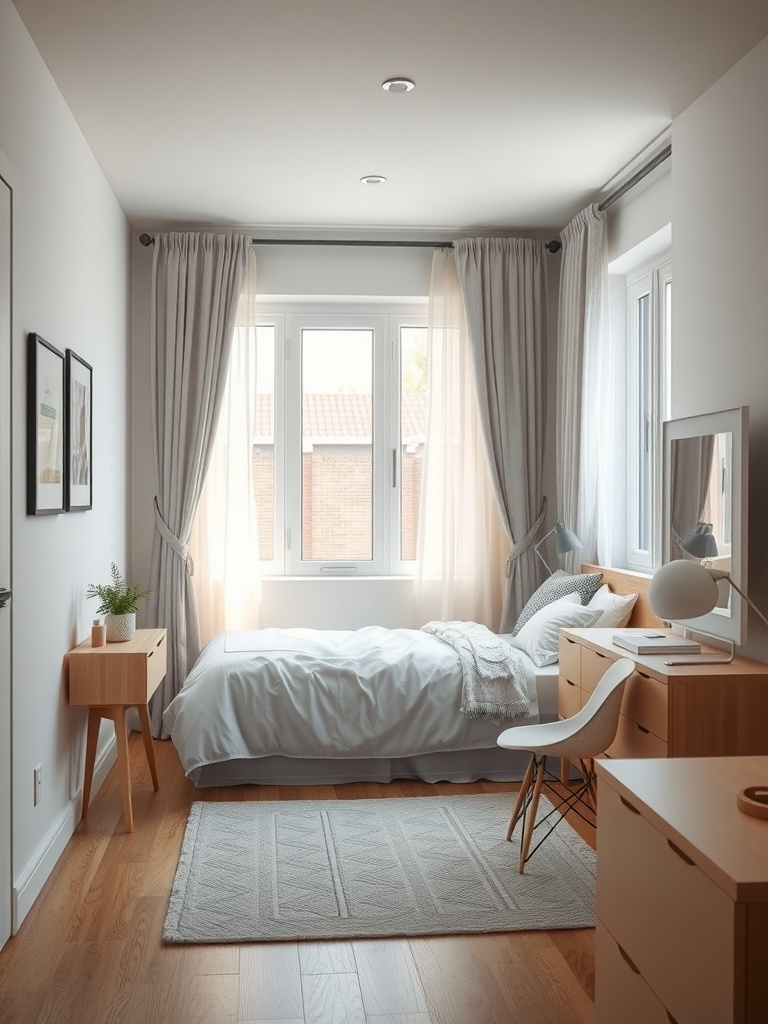 Cozy bedroom nook with soft curtains and warm lighting.