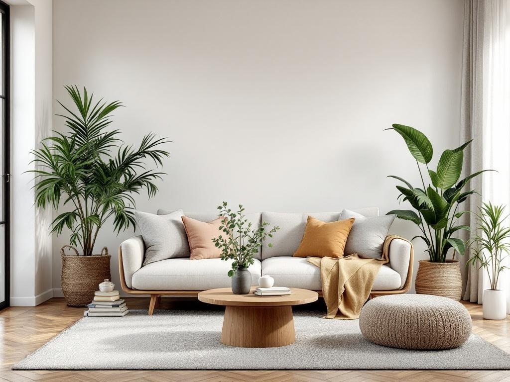 A cozy living room featuring a light sofa with orange and beige cushions, a round coffee table, and indoor plants in woven baskets.