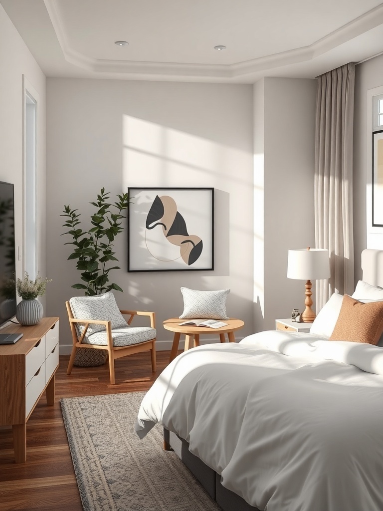 A cozy bedroom corner featuring a comfortable chair, side table, and decorative elements.