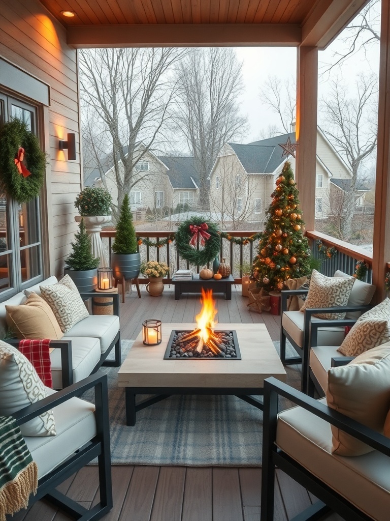 A cozy balcony with a fire pit, comfortable seating, and festive decorations.
