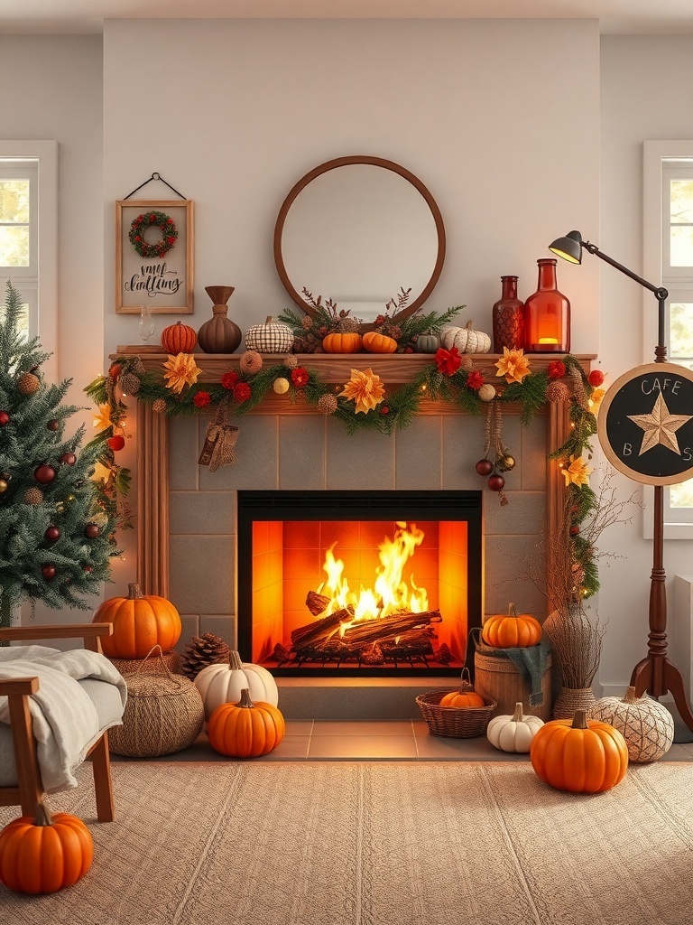 A cozy fireplace decorated with pumpkins, autumn leaves, and warm lighting.
