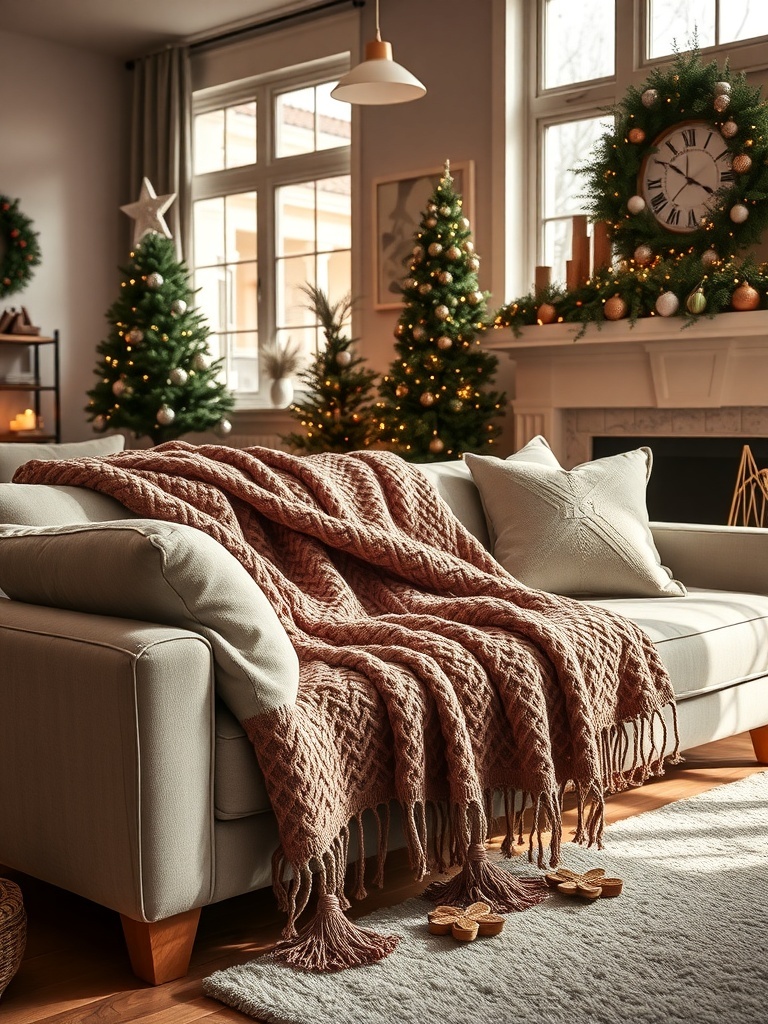 A cozy knit throw blanket draped over a light-colored sofa in a warm living room setting.