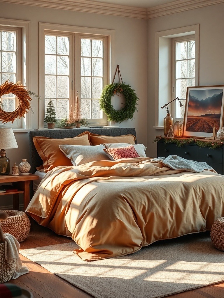 Cozy layered bedding in earth tones with warm sunlight streaming through windows.