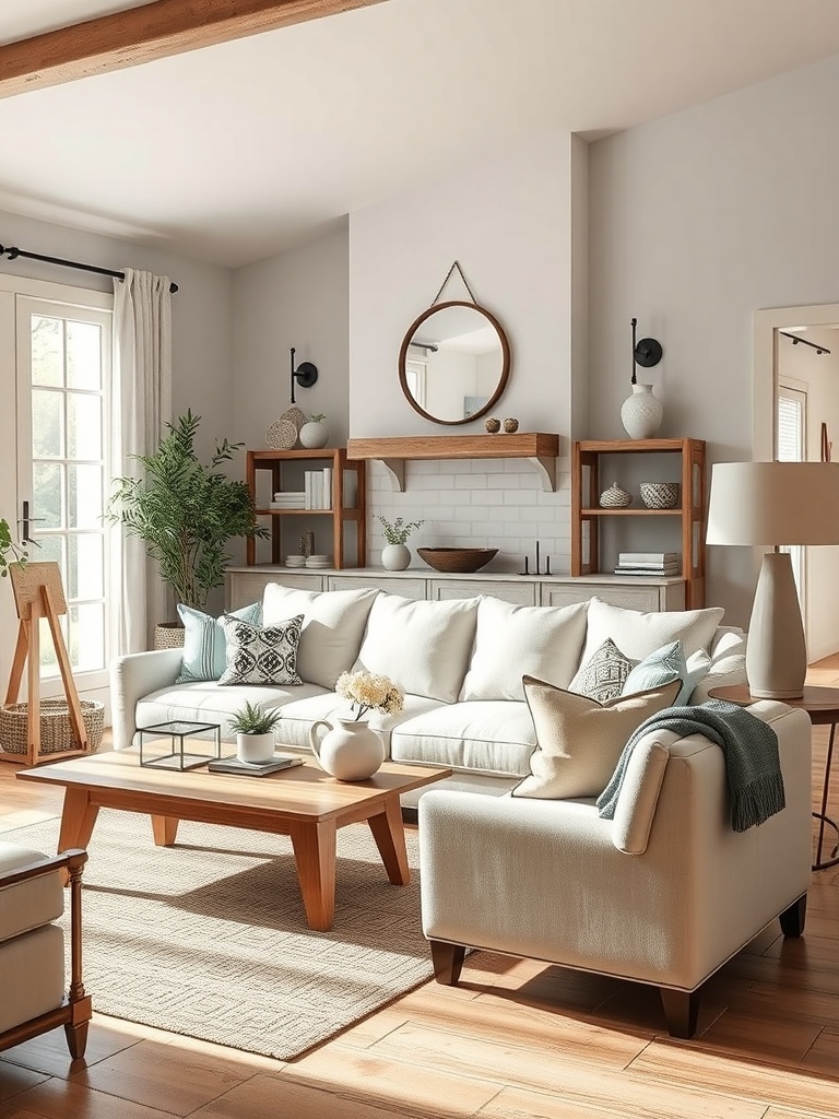 A cozy farmhouse living room with neutral colors, featuring a light sofa, wooden furniture, and decorative plants.